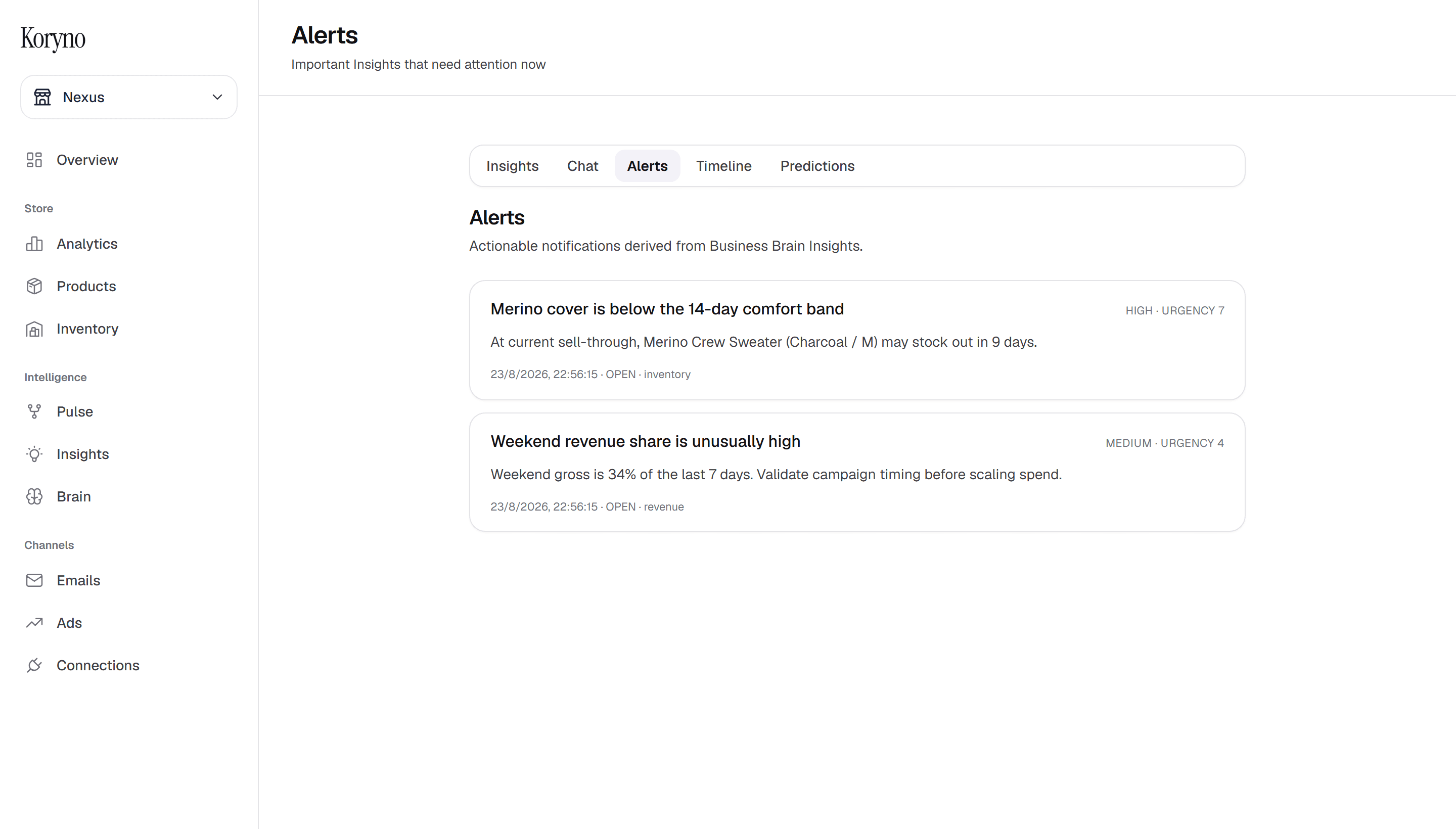 Koryno alerts derived from Business Brain insights