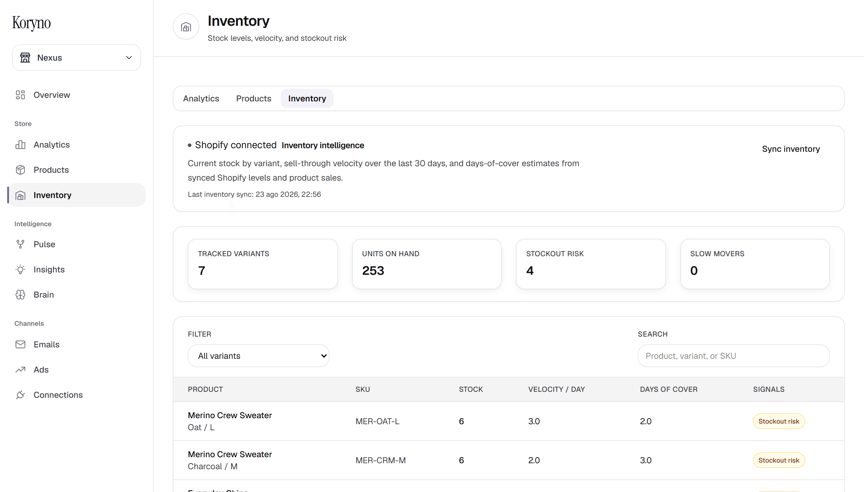 Koryno inventory workspace with stockout risk signals